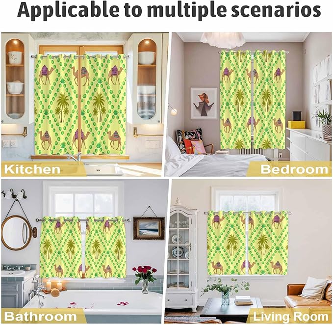 2 Panel Kitchen Cafe Curtains, Desert Sand Camels Sunlight Filtering Nature Air Through, Home Decor Window Covering Tier Curtains for Bedroom Living Room Palm Trees Tropical Plants Polka Dot Yellow