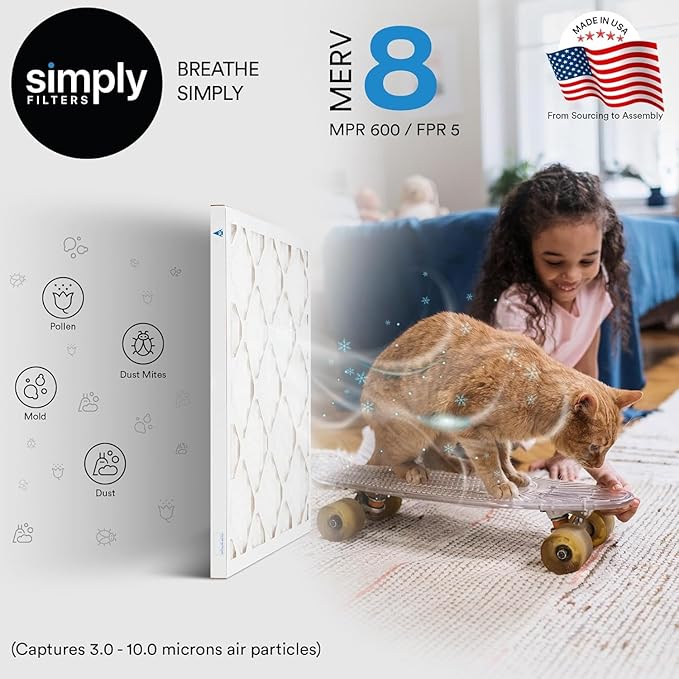 Simply 20x25x2 Air Filter, MERV 8, 6 Pack, Furnace Air Filter for HVAC (Actual Size: 19.5"x24.5"x1.75") DUST, Pet & Allergy Control