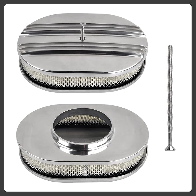 12" Air Cleaner Kit Polished Aluminum Oval Half Finned Compatible with Classic Chevy Ford SBC 350