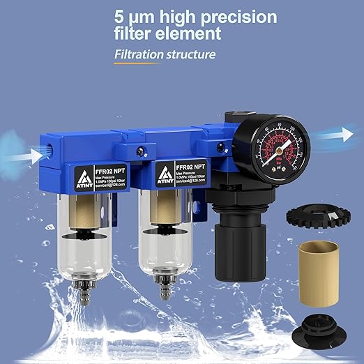 1/4" NPT Compressed air Dryer,Air Pressure Regulator Filter Combo,Air Compressor Filter Dryer,5 and 5 Micron Filter Cartridge,Semi-Auto Drain, Metal Bracket-Blue