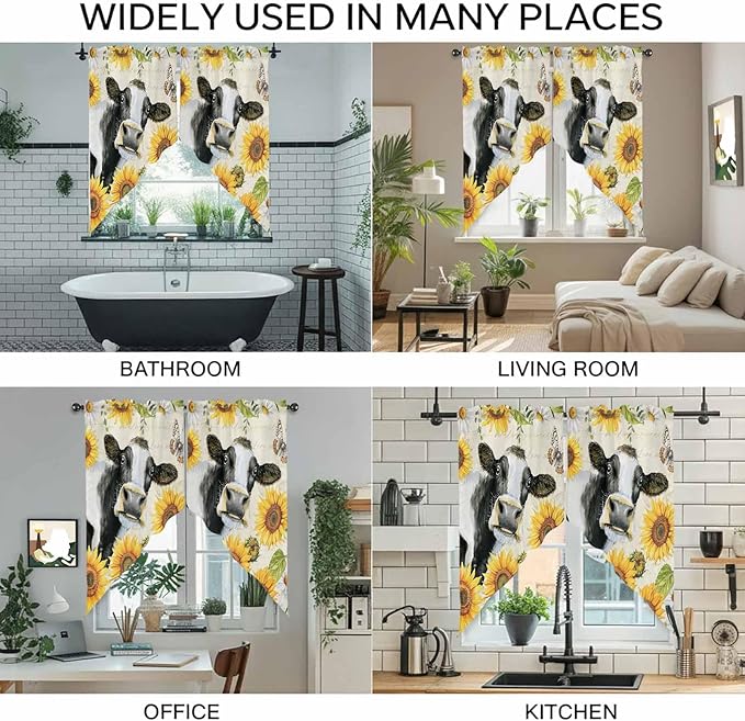 Yellow Sunflowers Swag Valances for Windows, Country Cow Flower Butterfly Farmhouse Cream Rod Pocket Kitchen Curtains Valance, Kitchen Window Curtains Swag for Cafe Living Room, 2 Panels, 36x63 inch