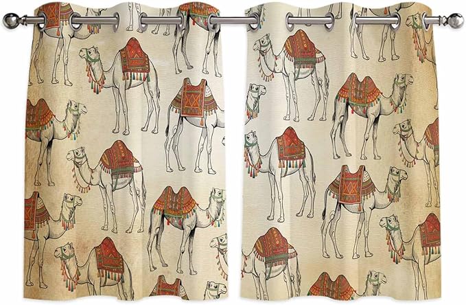 2 Panel Kitchen Cafe Curtains, Desert Sand Camel Sunlight Filtering Nature Air Through, Home Decor Window Covering Tier Curtains for Bedroom Living Room Summer Tropical Animals Vintage Beige