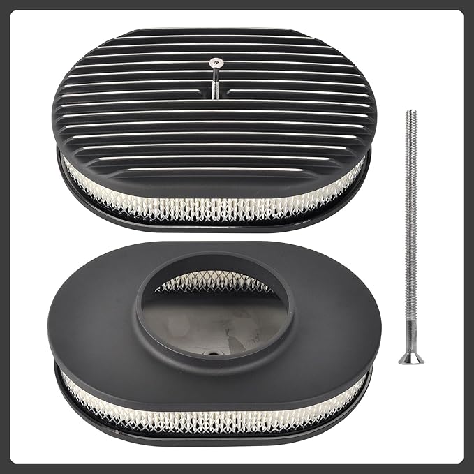 12" Air Cleaner Kit Black Aluminum Oval Full Finned Compatible with Classic Chevy Ford