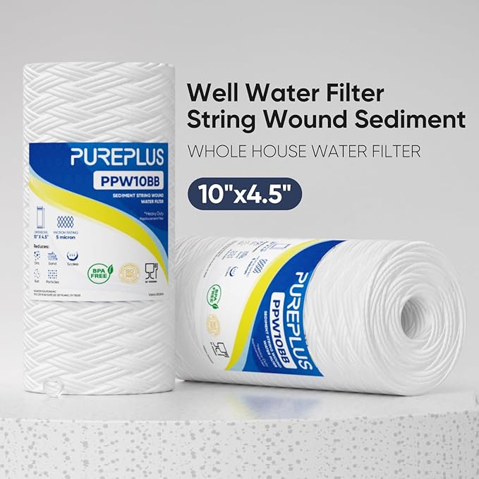 PUREPLUS 5 Micron 10 x 4.5 Whole House String Wound Sediment Filter for Well Water, Replacement Cartridge for 84637, WPX5BB97P, PC10, 355214-45, 355215-45, WP10BB97P, WP5BB97P, 3Pack
