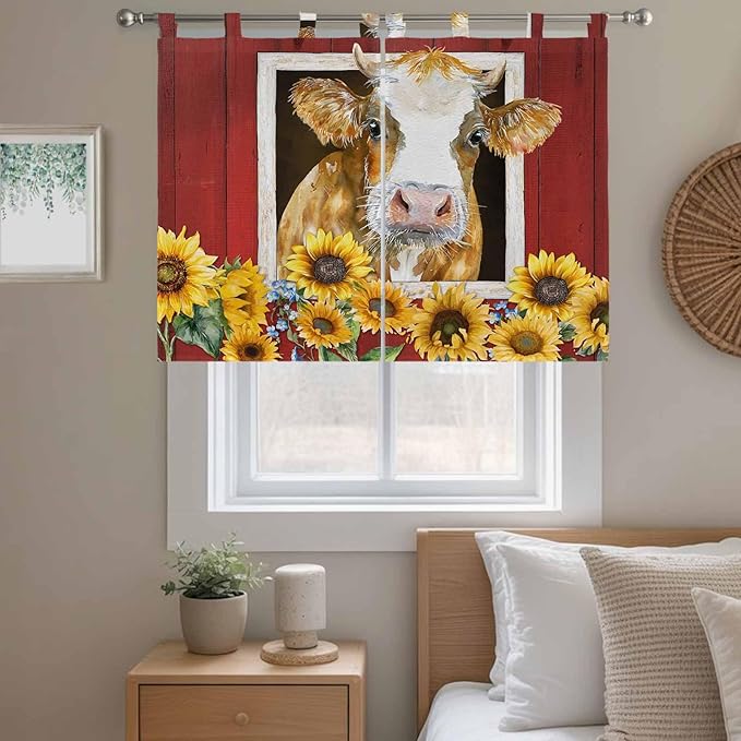 Cows Sunflowers Kitchen Curtains 45 Inch Length, Short Cafe Window Curtains Tab Top, Spring Floral Bees Farmhouse Barn Light Filtering Window Treatments Tier Drapes 27.5"x45" 2 Panel