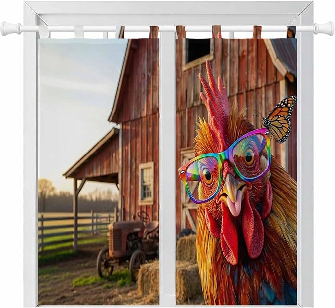 Farm Rooster Bathroom Curtains 63 Inch Length, Window Curtains Tab Top, Farmhouse Barn Funny Animals Butterfly Light Filtering Window Treatments Drapes 52"x63" 2 Panel