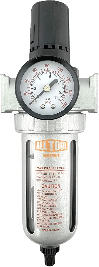 1/2" NPT Mid Flow Compressed Air In Line Filter Regulator Combo Piggyback, Poly Bowl And Metal Body, 5 Micron Element, Adjustable From 7 to 145 PSI (AUTO DRAIN)