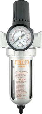 1/2" NPT Mid Flow Compressed Air In Line Filter Regulator Combo Piggyback, Poly Bowl And Metal Body, 5 Micron Element, Adjustable From 7 to 145 PSI (AUTO DRAIN)