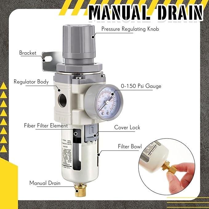 Tuanse Manual Drain 3/8" NPT Compressed Air Filter Regulator Piggyback Combo, Fiber Element, High Flow, 0-150 Psi Gauge, Poly Bowl, Metal Bracket, Install Kit Included