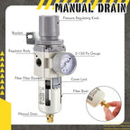 Tuanse Manual Drain 1/2" NPT Compressed Air Filter Regulator, Piggyback Combo, Fiber Element, Poly Bowl, Metal Bracket & Fittings, 0-150 Psi Gauge for Garage Use