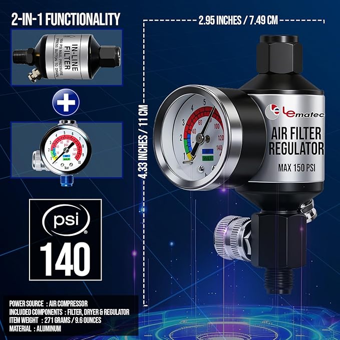 LE LEMATEC Spray Gun Regulator with Gauge & Water Separator - 1/4" NPT Inline Air Compressor Filter & Dryer - Precision Air Flow Control Valve for Paint Guns & Pneumatic Tools (150 PSI)