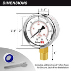 0-30 PSI Pressure Gauge, Glycerin-Filled, 2-Inch Stainless Steel Gauge, 1/4" NPT Lower Mount, Waterproof for Air Compressor, Water Pump, Hydraulic and Pneumatic Systems