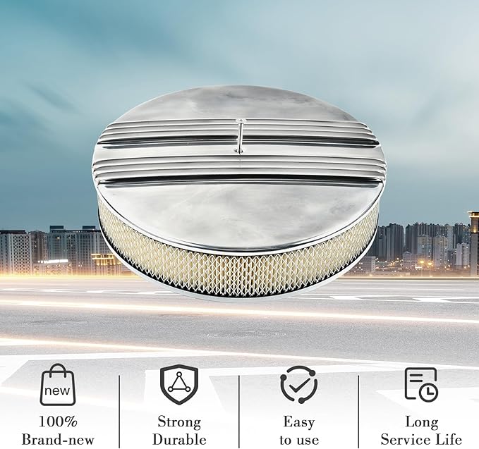 14 x 3 Inch Round Polished Air Cleaner Kit Half Finned Drop Base Compatible with Chevy Ford GM