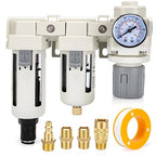Air Pressure Regulator 3/8 NPT Auto Drain and Semi-Auto Drain Double Air Filters, Air Compressor Water Separator 0-150PSI, Air Drying System, Polycarbonate Bowl