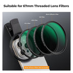K&F Concept 67mm Thread Clip for Smart Phone, Large Caliber Phone Filter Adapter, Compatible for iPhone 16 15 Pro Max 14 13 12 11 Samsung Galaxy S22 S23 Ultra Galaxy S22 S24 Ultra(Filter Not Included)