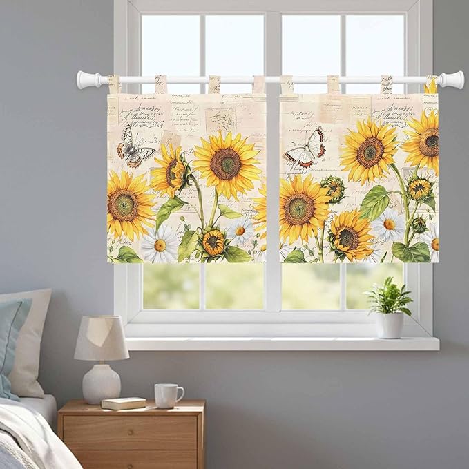 Yellow Sunflowers Kitchen Curtains 24 Inch Length, Small Window Curtains Tab Top, Country Farm Butterfly Flower Light Beige Light Filtering Short Window Treatments Tier Drapes 27.5"x24" 2 Panel