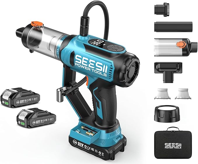 SEESII 3-in-1 Tire Inflator: Portable Air Compressor & Car Vacuum Cleaner & Led Work Light with 2×2000mAh Batteries, 21V Tire Air Pump 150PSI w/Digital Gauge+Auto-Shutoff for Ball/Motorcycle/Car/Home