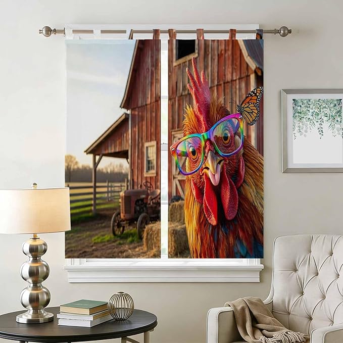 Farm Rooster Living Room Curtains 84 Inch Length, Window Curtains Tab Top, Farmhouse Barn Funny Animals Butterfly Light Filtering Window Treatments Drapes 42"x84" 2 Panel