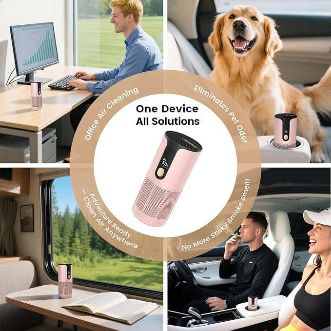 Portable Car Air Purifier-True HEPA Mini Air Purifier with LCD Display,15dB Quiet,USB-C Charging,Filters Smoke/Dust/Pet Dander in Car/Office/Desk/Travel（Pink）