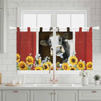 Cows Sunflowers Kitchen Curtains 24 Inch Length, Small Window Curtains Tab Top, Rustic Farms Barns Flowers Bees Animals Light Filtering Short Window Treatments Tier Drapes 27.5"x24" 2 Panel