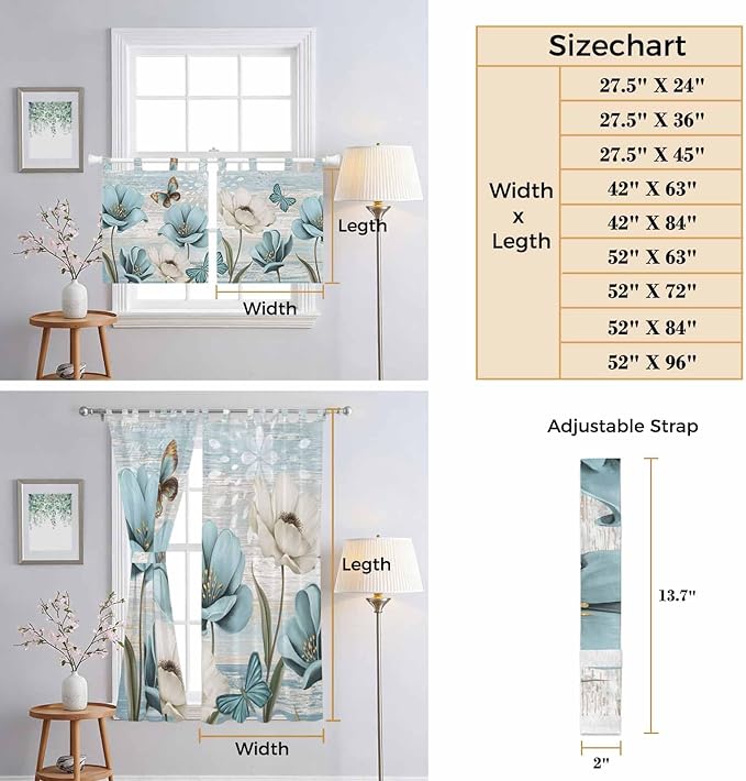 Spring Floral Bedroom Curtains 63 Inch Length, Window Curtains Tab Top, Vintage Tulips Flower Butterfly Retro Wood Blue Light Filtering Window Treatments Drapes 42"x63" 2 Panel