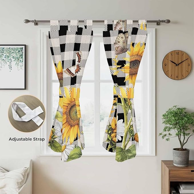 Sunflowers Living Room Curtains 84 Inch Length, Window Curtains Tab Top, Yellow Flowers Butterfly Farmhouse Black Plaid Light Filtering Window Treatments Drapes 42"x84" 2 Panel