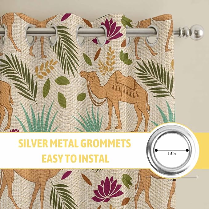 2 Panel Kitchen Cafe Curtains, Desert Camels Sunlight Filtering Nature Air Through, Home Decor Window Covering Tier Curtains for Living Room 80W x 63L inch Vintage Sand Animals Aloe Vera Leaves Beige