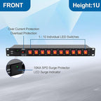 10 Outlets 1U Horizontal PDU Network Rackmount Power Strip with Surge Protector, (SPD-10KA) 100-240V,15A 3600 Joules, w/10 LED Switches and 6ft 14 AWG Cord