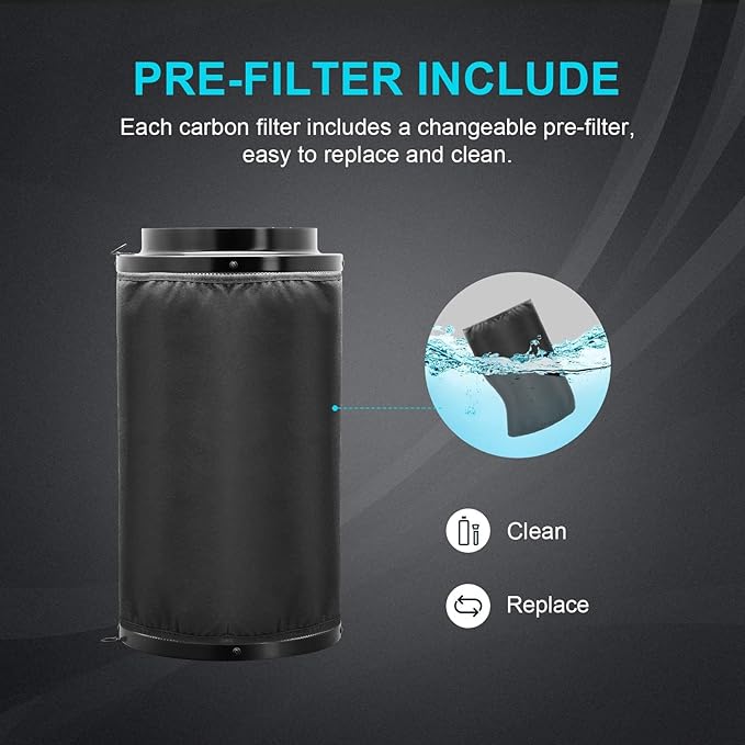 iPower 6 Inch Air Carbon Filter Odor Control with Premium Australia Virgin Charcoal for Inline Fan, Indoor Grow Tent, Hydroponics, Reversible Flange, Prefilter Included, Black
