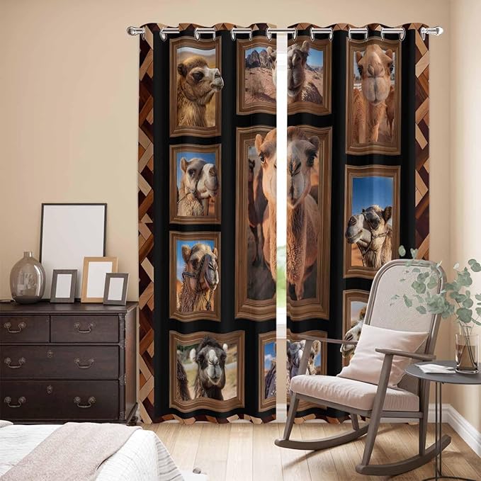 2 Panel Kitchen Cafe Curtains, Desert Camels Sunlight Filtering Nature Air Through, Home Decor Window Covering Tier Curtains for Living Room 80W x 84L inch Brown Wildlife Farmhouse Animals Rustic