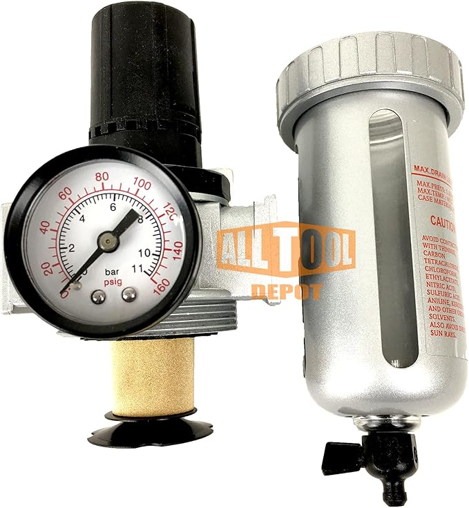 1/4" NPT Mid Flow Compressed Air In Line Filter Regulator Combo Piggyback, Poly Bowl And Metal Body, 5 Micron Element, Adjustable From 7 to 145 PSI (MANUAL DRAIN)