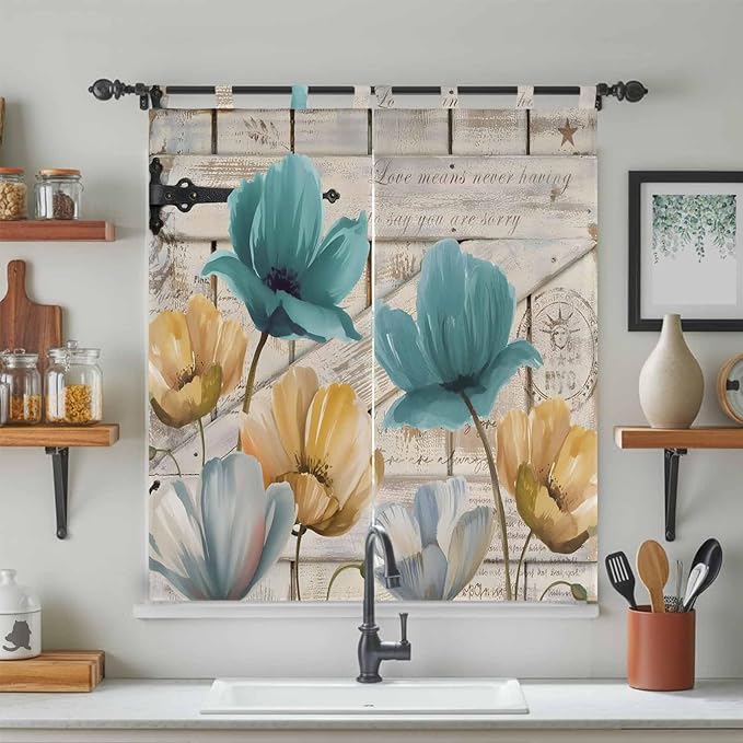Watercolor Flowers Bathroom Curtains 63 Inch Length, Window Curtains Tab Top, Vintage Tulips Floral Barn Doors Wood Grain Light Filtering Window Treatments Drapes 52"x63" 2 Panel