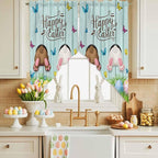 Swag Curtain Valances for Kitchen Windows,Happy Easter Bunny Butt Egg Floral Short Rod Pocket Window Valance,Spring Plant on Aqua Wood Swag Topper for Bedroom Living Room,2 Panels 28x36in