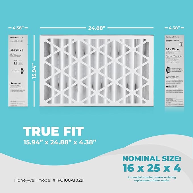 16x25x4 Air Filter Replacement MERV 11, FC100A1029 Pleated HVAC AC Furnace Filters with Wholesalehome Cleaning Cloth, 4-Pack (Actual Size: 15.94 x 24.86 x 4.38 Inches)