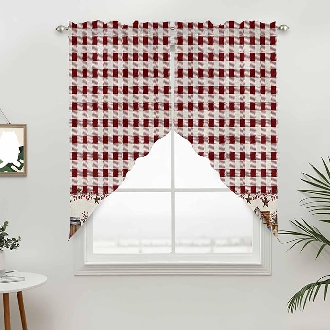 Swag Curtain Valances for Kitchen Windows,Farm Barn Western Star on Vintage Short Rod Pocket Window Valance,Red Buffalo Plaid Swag Topper for Bedroom Living Room,2 Panels 36x63in