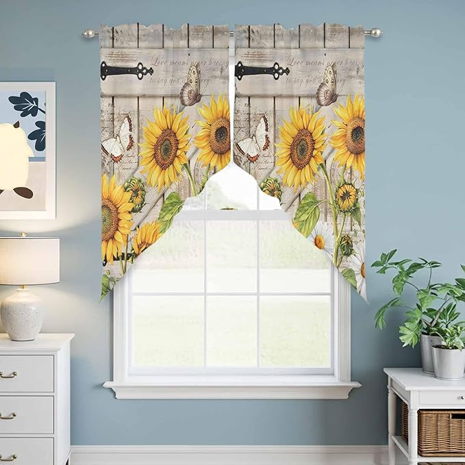 Farm Flowers Swag Valances for Windows, Retro Sunflowers Barn Doors Butterfly Wood Board Rod Pocket Kitchen Curtains Valance, Small Window Curtains Swag for Cafe Living Room, 2 Panels, 28x36 inch