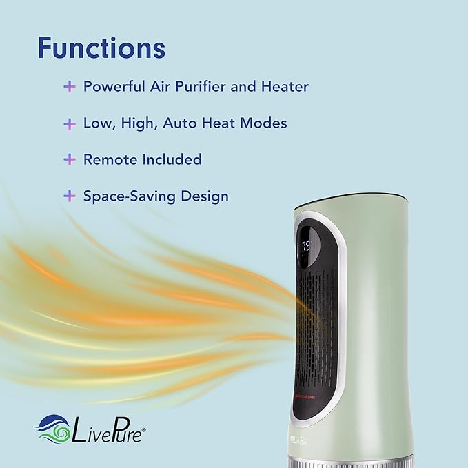 LivePure 3-in-1 LP500 Clean Heat Air Purifier & Electric Heater – Oscillating Portable Heater with 2 Heat Modes and Air Filtration – Heater for Indoor Use in Bedrooms, Home Office & Apartments, Sage