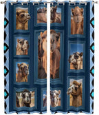 2 Panel Kitchen Cafe Curtains, Desert Camels Sunlight Filtering Nature Air Through, Home Decor Window Covering Tier Curtains for Living Room 80W x 84L inch Wildlife Brown Animals Blue Geometric