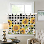 Sunflowers Kitchen Curtains 45 Inch Length, Short Cafe Window Curtains Tab Top, Yellow Flowers Butterfly Farmhouse Black Plaid Light Filtering Window Treatments Tier Drapes 27.5"x45" 2 Panel