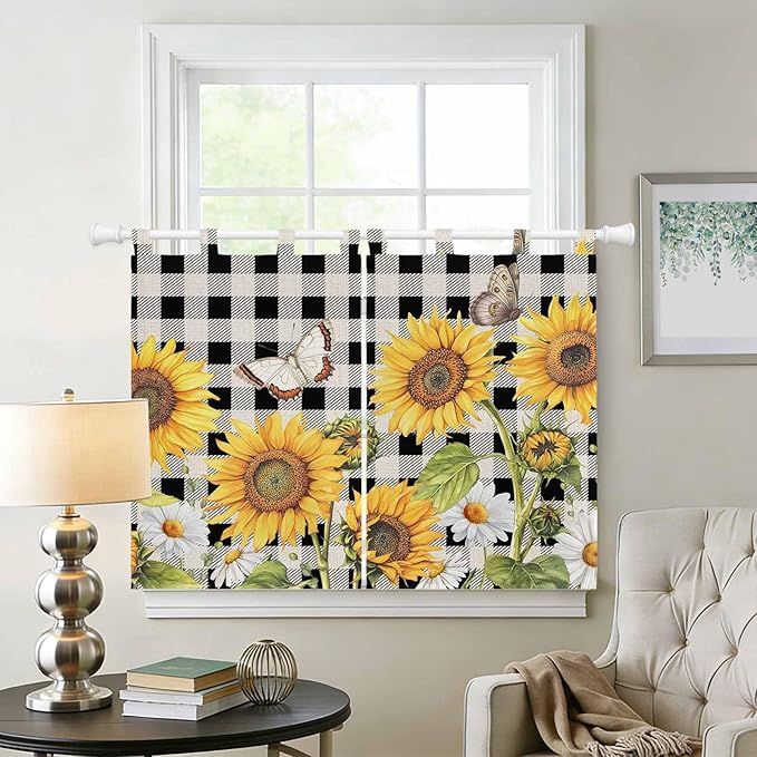 Sunflowers Kitchen Curtains 45 Inch Length, Short Cafe Window Curtains Tab Top, Yellow Flowers Butterfly Farmhouse Black Plaid Light Filtering Window Treatments Tier Drapes 27.5"x45" 2 Panel