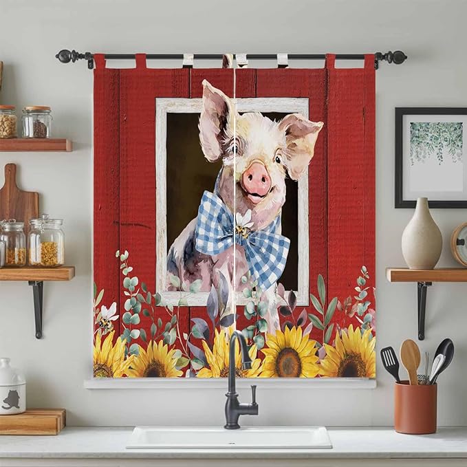 Pig Sunflowers Living Room Curtains 84 Inch Length, Window Curtains Tab Top, Eucalyptus Leaves Floral Bees Red Barn Light Filtering Window Treatments Drapes 42"x84" 2 Panel