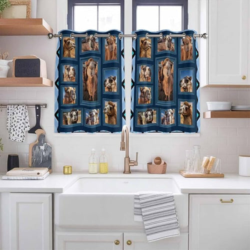 2 Panel Kitchen Cafe Curtains, Desert Camels Sunlight Filtering Nature Air Through, Home Decor Window Covering Tier Curtains for Bedroom Living Room Wildlife Brown Animals Blue Geometric