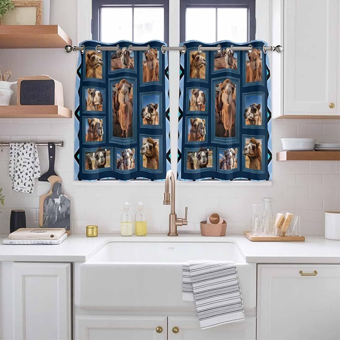2 Panel Kitchen Cafe Curtains, Desert Camels Sunlight Filtering Nature Air Through, Home Decor Window Covering Tier Curtains for Bedroom Living Room Wildlife Brown Animals Blue Geometric