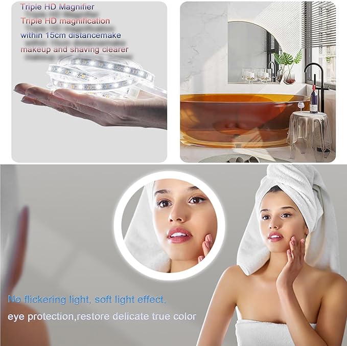 Smart Lighted Bathroom Mirror for Wall，Bathroom Mirror with LED Lights，Energy-Saving LED Smart Mirrors，LED Mirror for Bathroom，with Demister Pad and Smart Touch Switch(H70*W80cm/H27.6*W31.5IN)