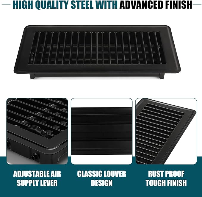 VOISEN Floor Register 4x10, 2 Pack Black Floor Vent Covers,Heavy Duty Steel Walkable Floor Vents,Vent Covers for Home Floor