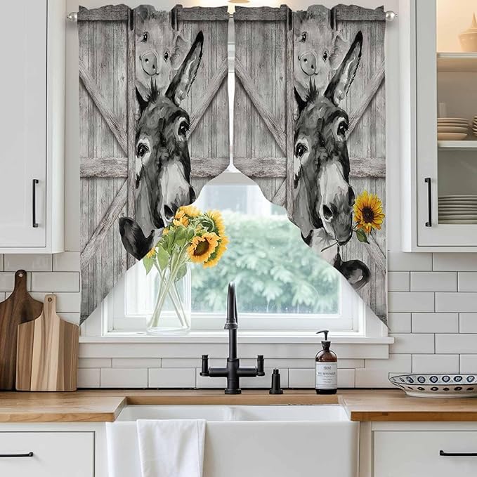 Funny Farm Animals Swag Valances for Windows, Vintage Barn Grey Sunflowers Rod Pocket Kitchen Curtains Valance, Small Window Curtains Swag for Cafe Bathroom Living Room, 2 Panels, 28x36 inch