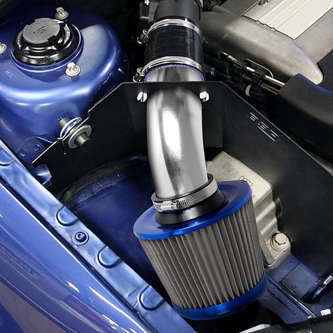 3 Inch Universal Cold Air Intake Filter Kit with Stainless Steel Filter and Aluminum Alloy Pipe, Automotive Air Filter High Induction Flow (Blue & Silver)