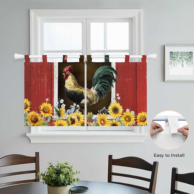 Chicken Sunflowers Kitchen Curtains 36 Inch Length, Small Window Curtains Tab Top, Farmhouse Animals Red Barn Bees Light Filtering Short Window Treatments Tier Drapes 27.5"x36" 2 Panel
