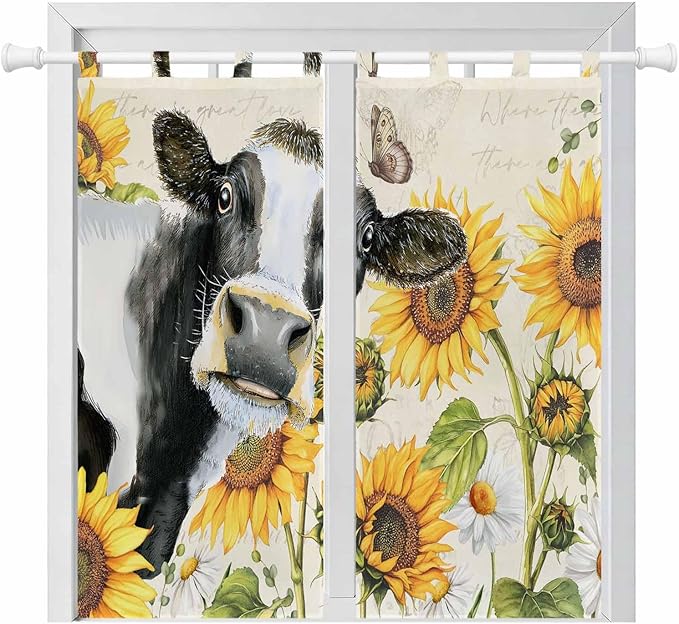 Yellow Sunflowers Bedroom Curtains 72 Inch Length, Window Curtains Tab Top, Country Cow Flower Butterfly Farmhouse Cream Light Filtering Window Treatments Drapes 52"x72" 2 Panel
