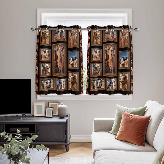 2 Panel Kitchen Cafe Curtains, Desert Camels Sunlight Filtering Nature Air Through, Home Decor Window Covering Tier Curtains for Living Room 104W x 52L inch Brown Wildlife Farmhouse Animals Rustic